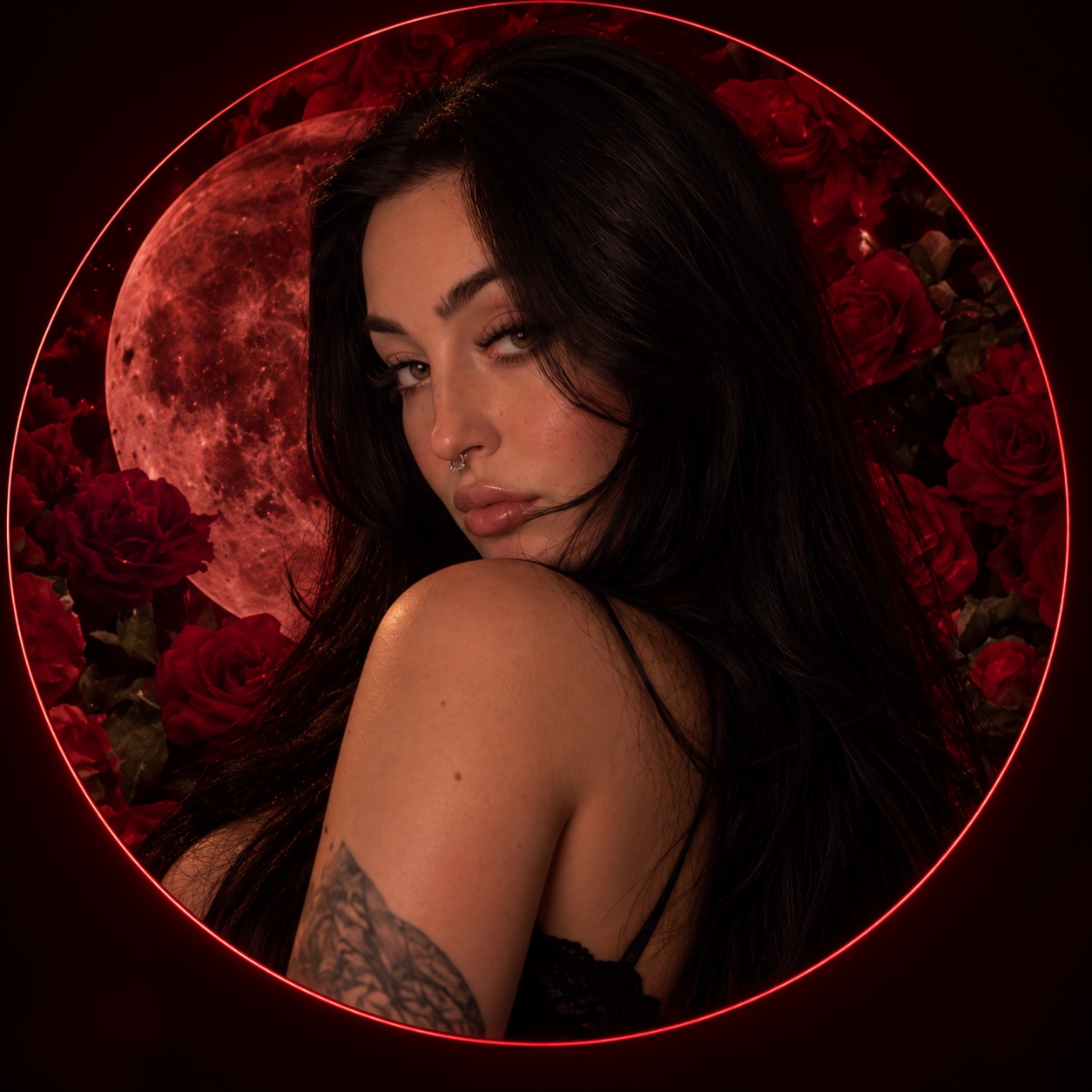 Lunar Narcotic founder portrait, black hair with a crimson moon and roses